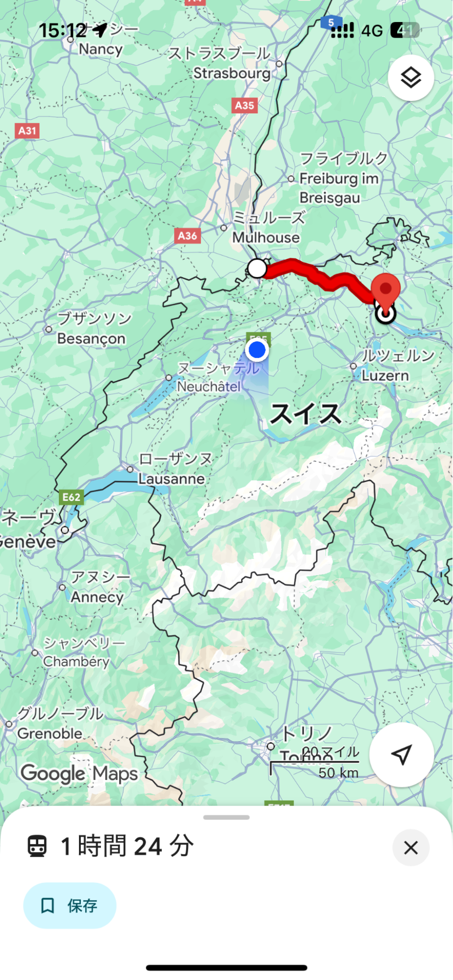 チューリッヒに向かうはずなのに変な場所にいる。スイスは山が多いのでGPSがズレてるのかな？と思ったがどんどん電車はチューリッヒから離れていく。